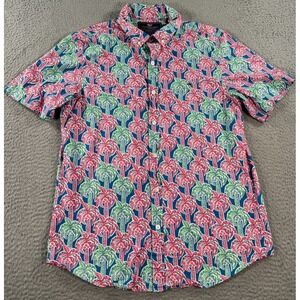 Vineyard Vines Shirt Men's Medium Red Green Palm Tree AOP Slim Fit Whale Shirt